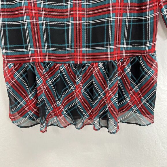 Draper James Small Plaid Long Sleeve Flounce Ruffle Hem Shift Dress Tie Neck - Picture 3 of 12